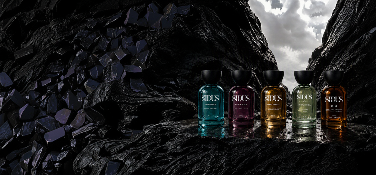 Sidus fragrance collection on dark rocks